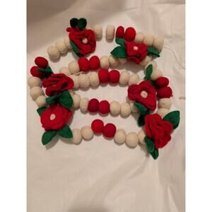 Felted Wool Pompoms and Flowers Christmas Garland 6ft